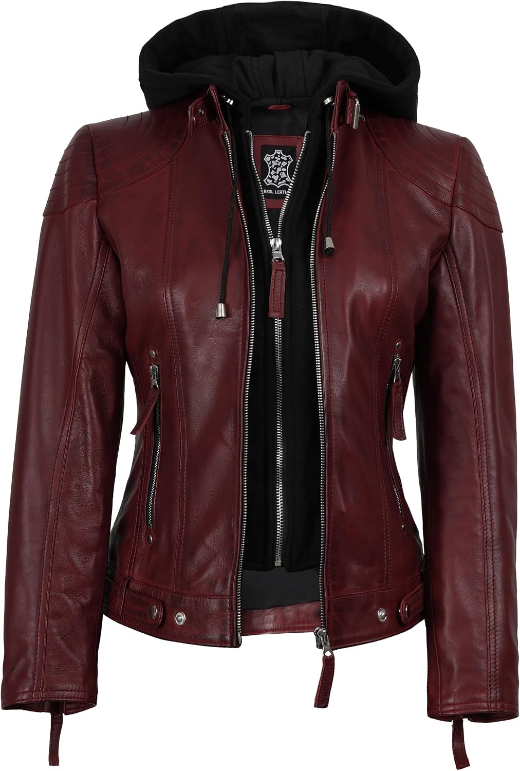 image:imageBlingsoul Hooded Leather Jacket Women Real Lambskin Leather Jacket for Women with Detachable HoodBurgundy Maroon Wax