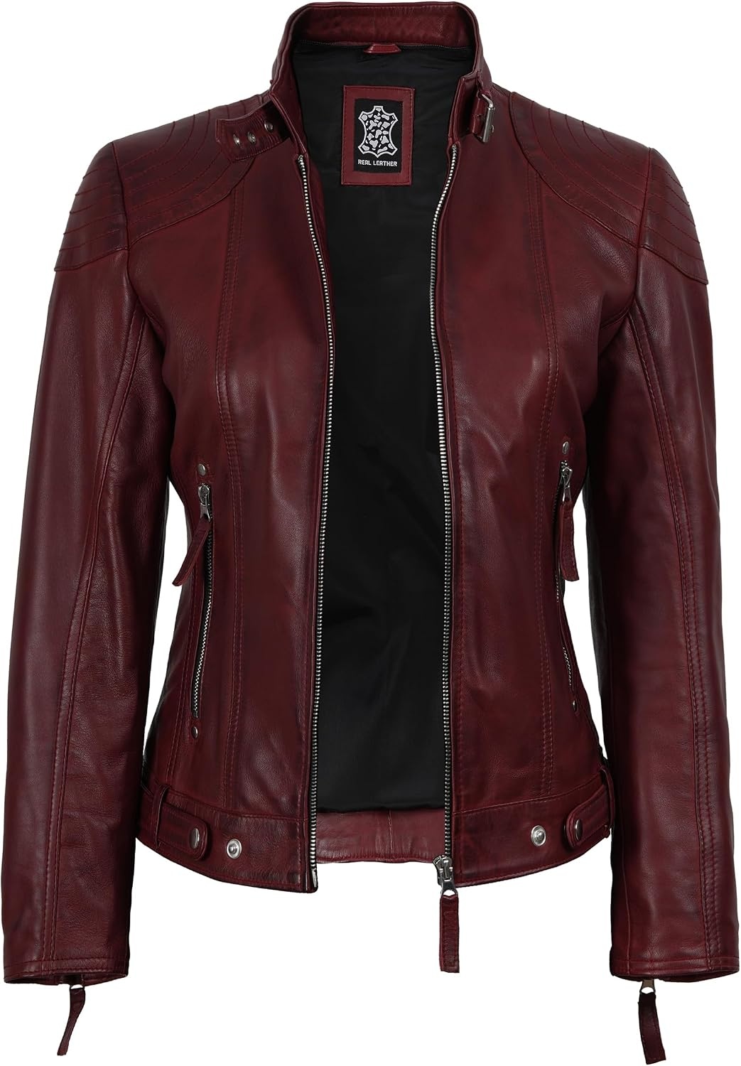 image:imageBlingsoul Hooded Leather Jacket Women Real Lambskin Leather Jacket for Women with Detachable HoodBurgundy Maroon Wax