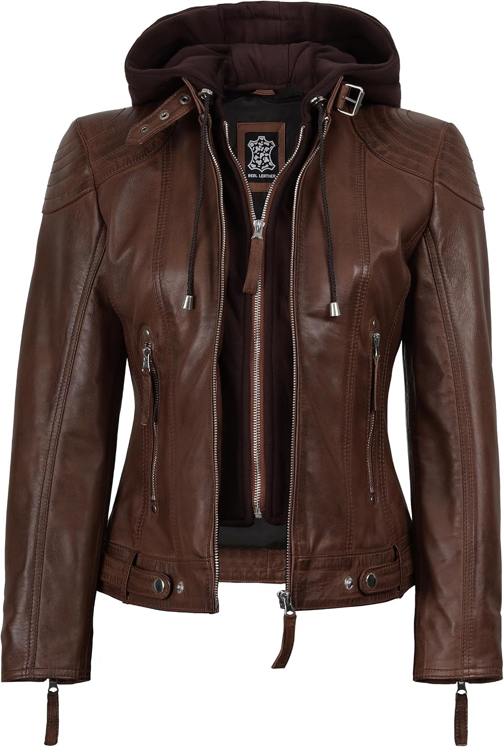 image:imageBlingsoul Hooded Leather Jacket Women Real Lambskin Leather Jacket for Women with Detachable HoodCognac Wax