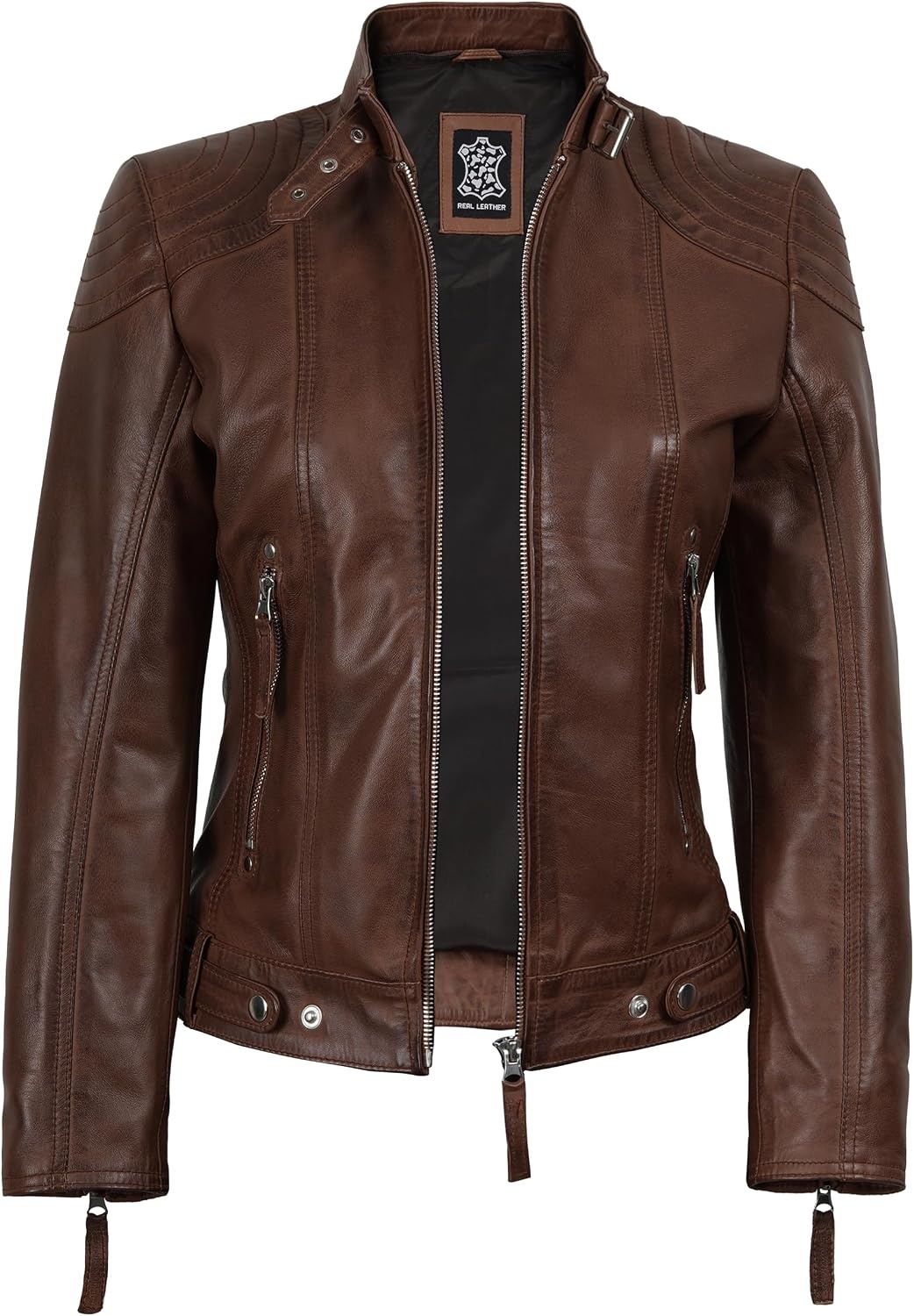 image:imageBlingsoul Hooded Leather Jacket Women Real Lambskin Leather Jacket for Women with Detachable HoodCognac Wax