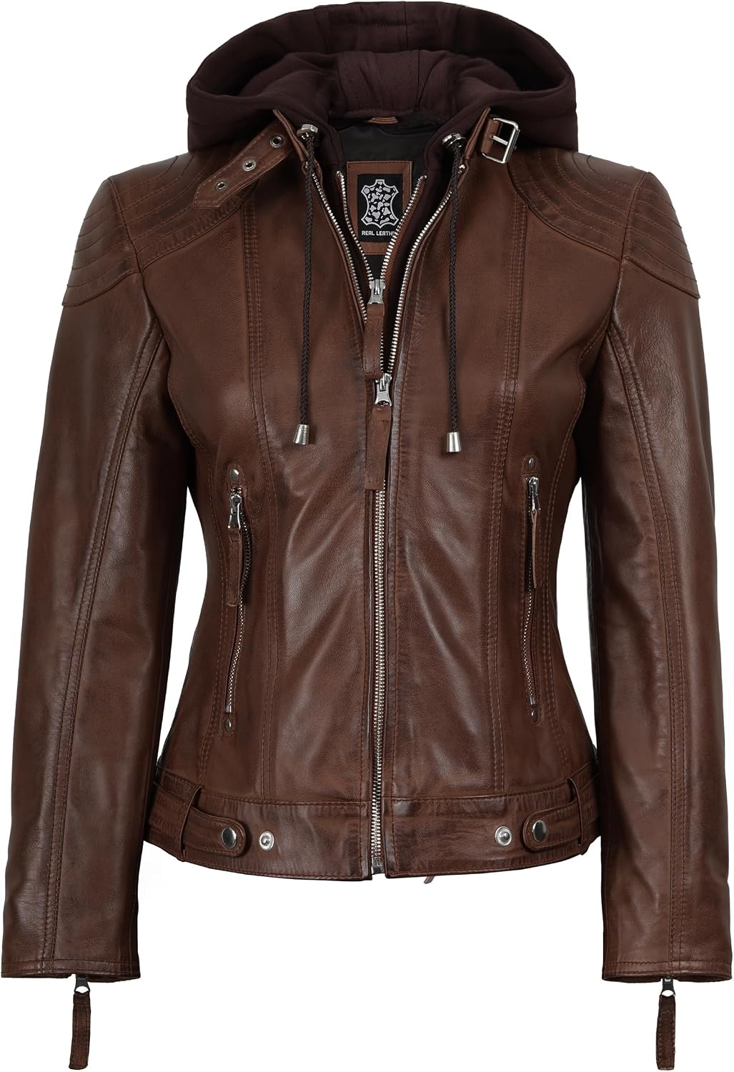 image:imageBlingsoul Hooded Leather Jacket Women Real Lambskin Leather Jacket for Women with Detachable HoodCognac Wax