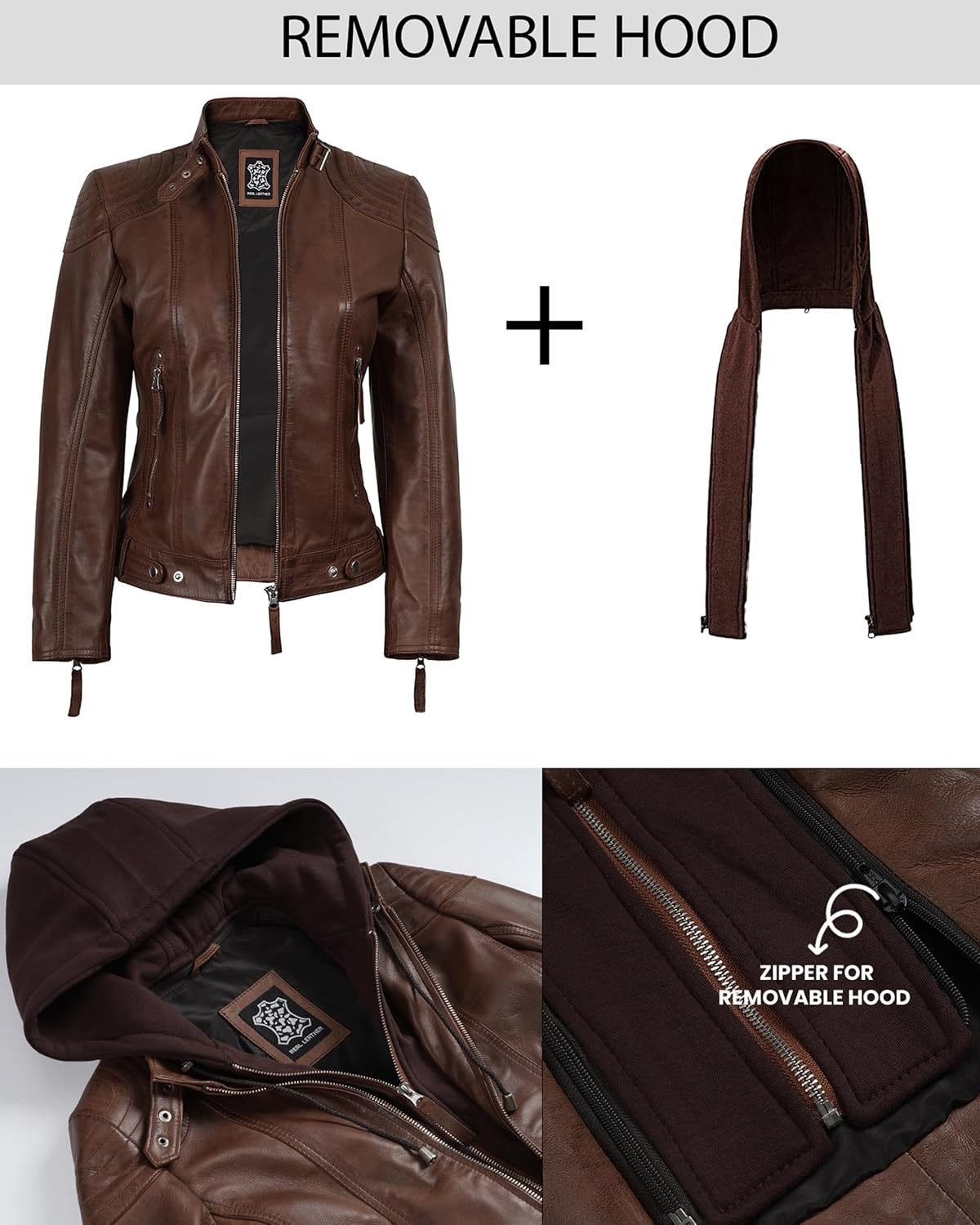 image:imageBlingsoul Hooded Leather Jacket Women Real Lambskin Leather Jacket for Women with Detachable HoodCognac Wax