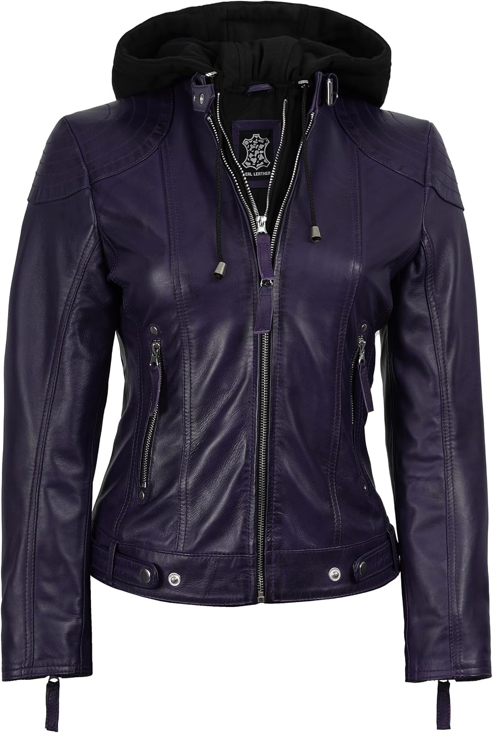 image:imageBlingsoul Hooded Leather Jacket Women Real Lambskin Leather Jacket for Women with Detachable HoodPurple Wax