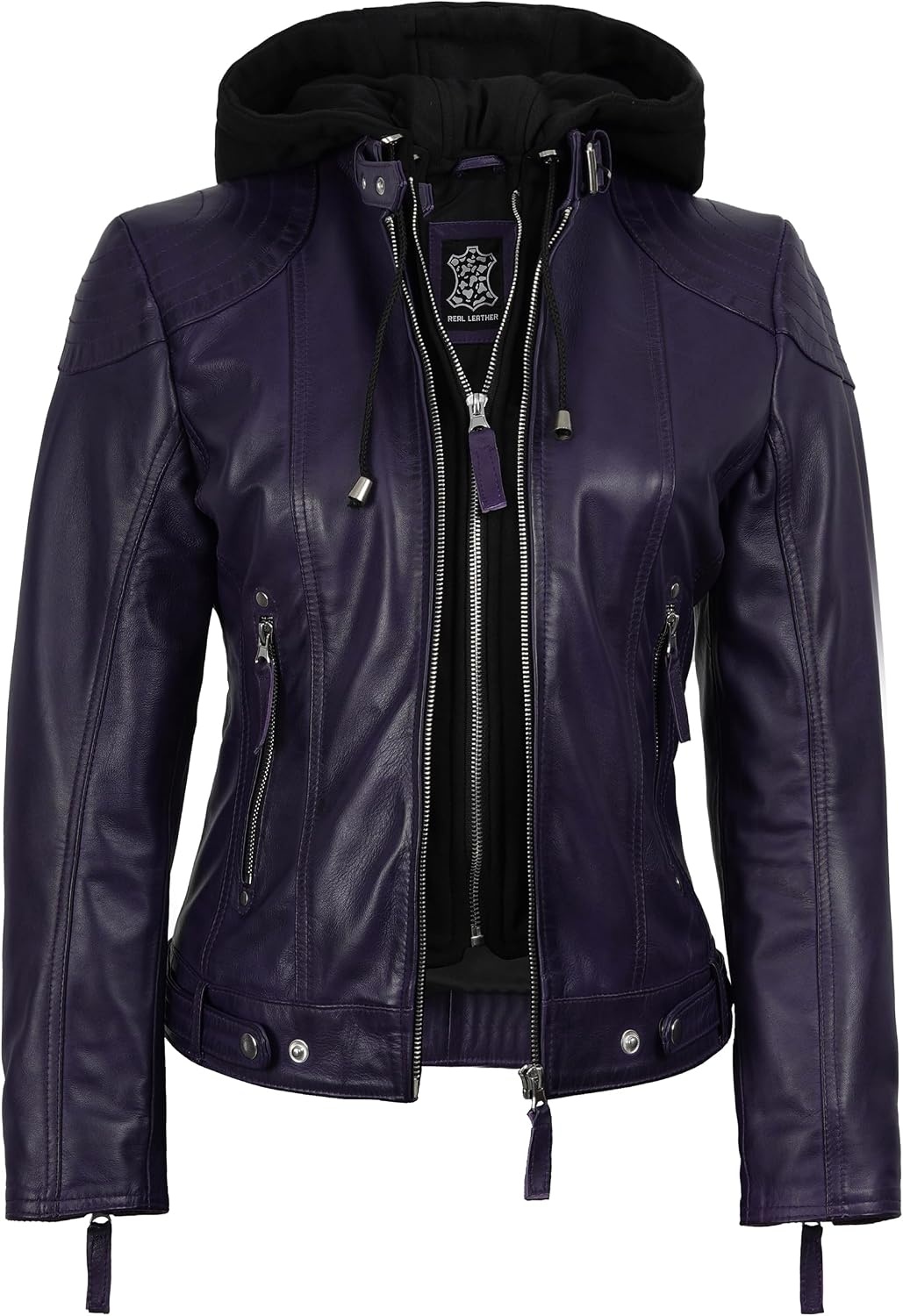 image:imageBlingsoul Hooded Leather Jacket Women Real Lambskin Leather Jacket for Women with Detachable HoodPurple Wax
