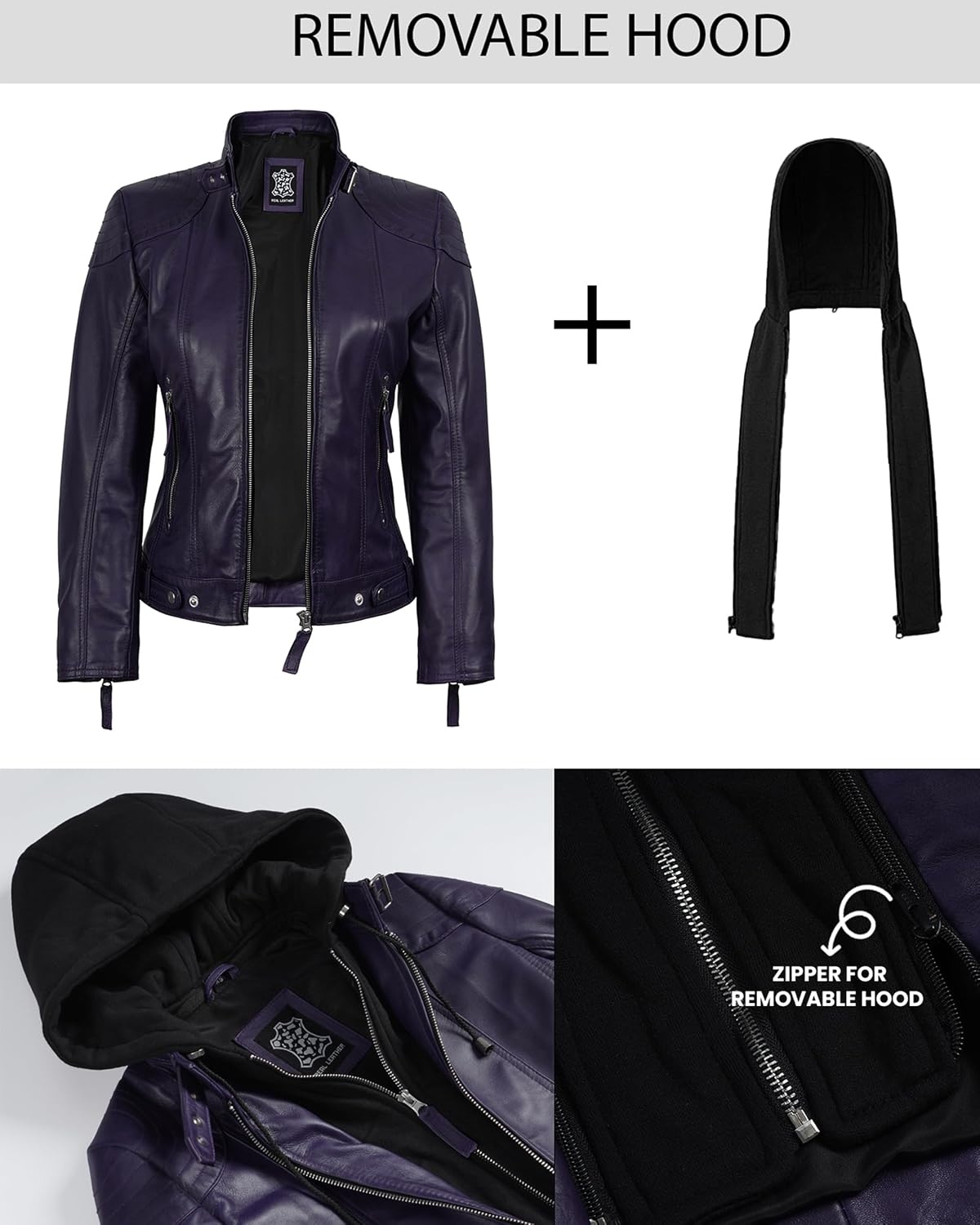 image:imageBlingsoul Hooded Leather Jacket Women Real Lambskin Leather Jacket for Women with Detachable HoodPurple Wax