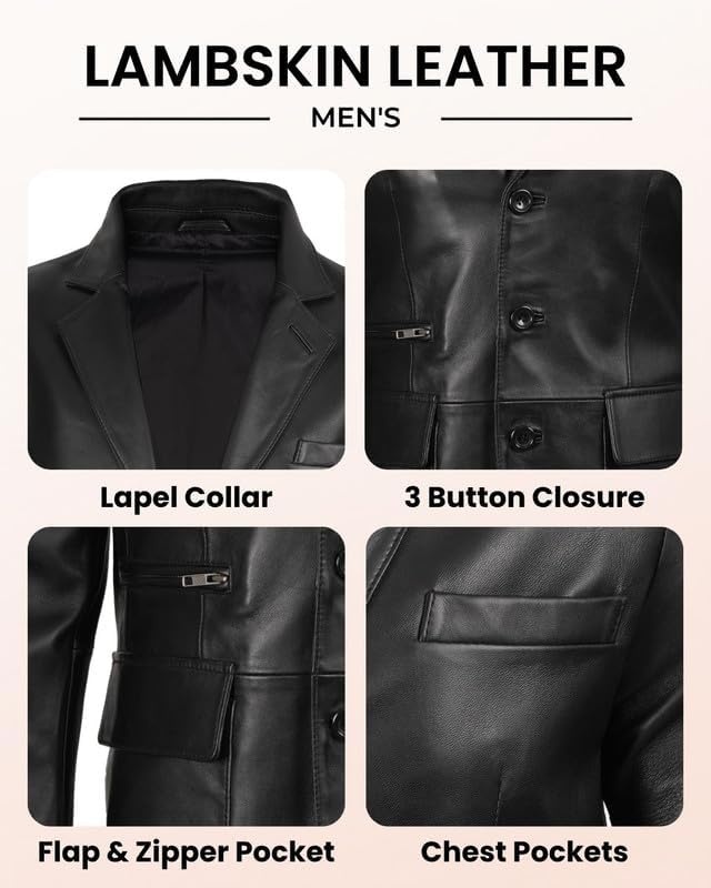 image:imageBlingsoul Leather Blazer Jacket Mens Real Lambskin 3Button Sport Coat with Notch Lapel CollarBlack