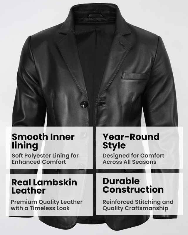 image:imageBlingsoul Leather Blazer Jacket Mens Real Lambskin 3Button Sport Coat with Notch Lapel CollarBlack