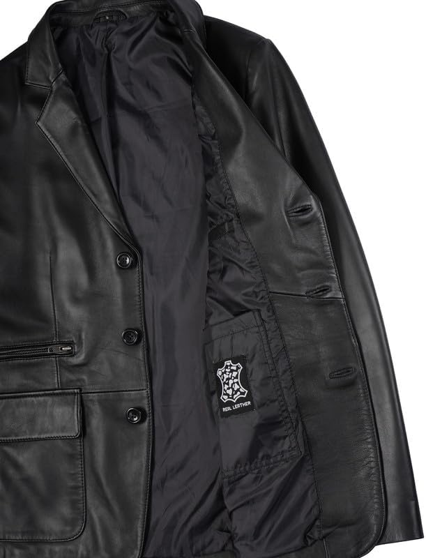 image:imageBlingsoul Leather Blazer Jacket Mens Real Lambskin 3Button Sport Coat with Notch Lapel CollarBlack
