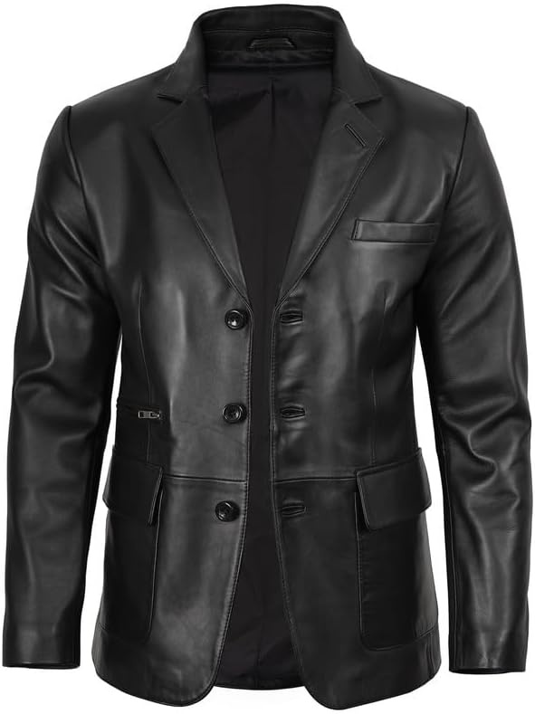 image:imageBlingsoul Leather Blazer Jacket Mens Real Lambskin 3Button Sport Coat with Notch Lapel CollarBlack