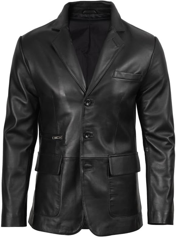 image:imageBlingsoul Leather Blazer Jacket Mens Real Lambskin 3Button Sport Coat with Notch Lapel CollarBlack