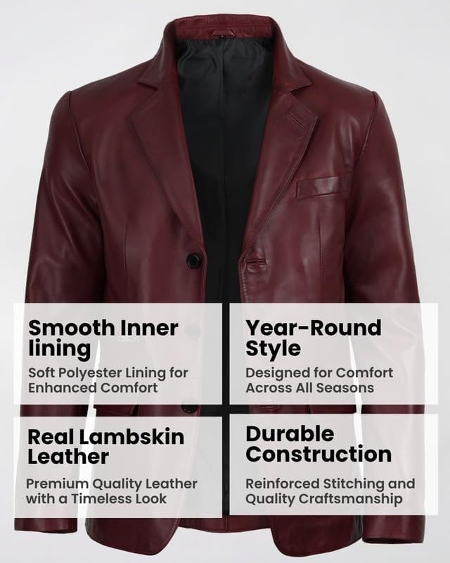 image:imageBlingsoul Leather Blazer Jacket Mens Real Lambskin 3Button Sport Coat with Notch Lapel CollarBurgundy Maroon Wax