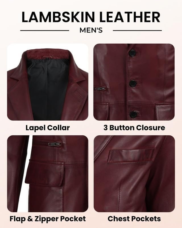 image:imageBlingsoul Leather Blazer Jacket Mens Real Lambskin 3Button Sport Coat with Notch Lapel CollarBurgundy Maroon Wax
