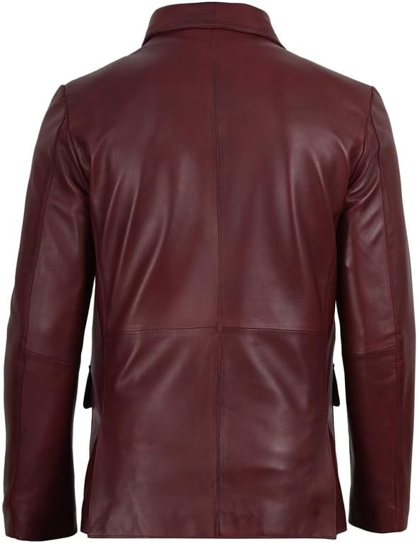 image:imageBlingsoul Leather Blazer Jacket Mens Real Lambskin 3Button Sport Coat with Notch Lapel CollarBurgundy Maroon Wax