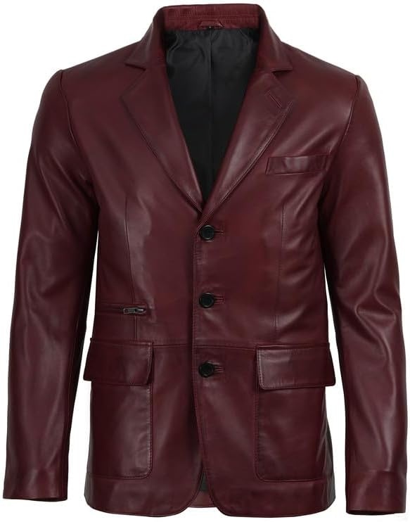 image:imageBlingsoul Leather Blazer Jacket Mens Real Lambskin 3Button Sport Coat with Notch Lapel CollarBurgundy Maroon Wax