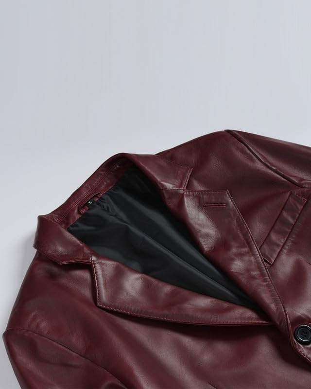 image:imageBlingsoul Leather Blazer Jacket Mens Real Lambskin 3Button Sport Coat with Notch Lapel CollarBurgundy Maroon Wax