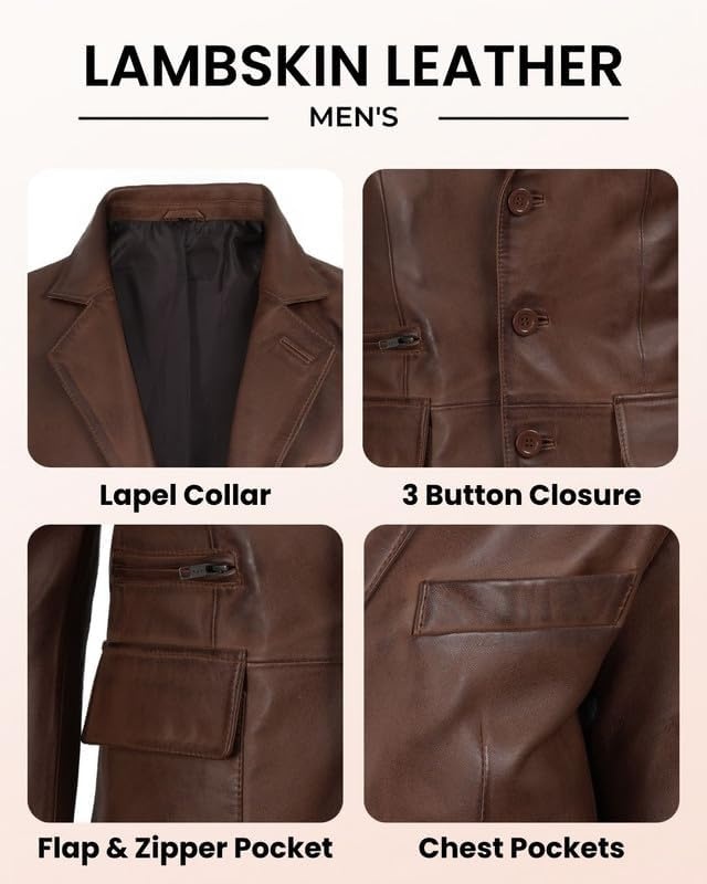 image:imageBlingsoul Leather Blazer Jacket Mens Real Lambskin 3Button Sport Coat with Notch Lapel CollarCognac Wax