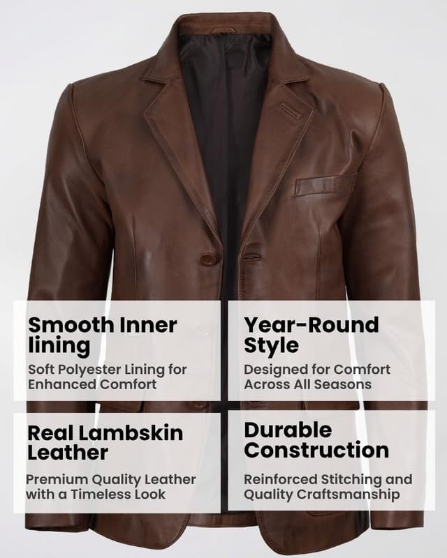 image:imageBlingsoul Leather Blazer Jacket Mens Real Lambskin 3Button Sport Coat with Notch Lapel CollarCognac Wax