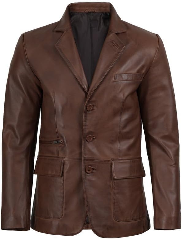 image:imageBlingsoul Leather Blazer Jacket Mens Real Lambskin 3Button Sport Coat with Notch Lapel CollarCognac Wax