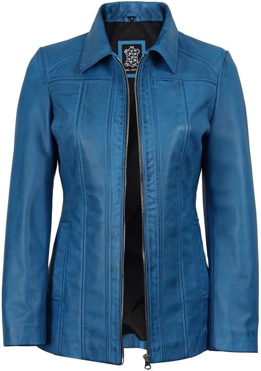 image:imageBlingsoul Leather Coats for Womens Real Long Leather Jacket WomenVivid Blue Wax