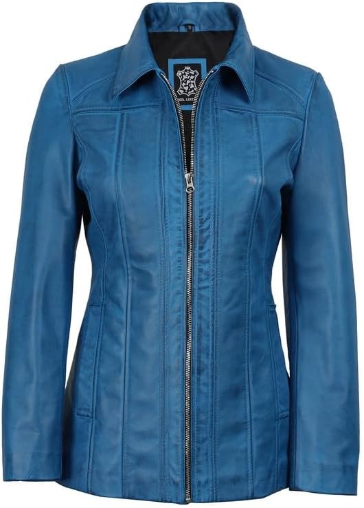 image:imageBlingsoul Leather Coats for Womens Real Long Leather Jacket WomenVivid Blue Wax