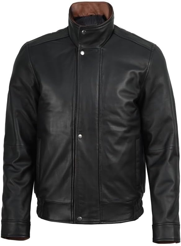 image:imageBlingsoul Leather Jacket for Men Real Lambskin Leather Jacket Mens with Wide Notch Lapel CollarBlack Cognac
