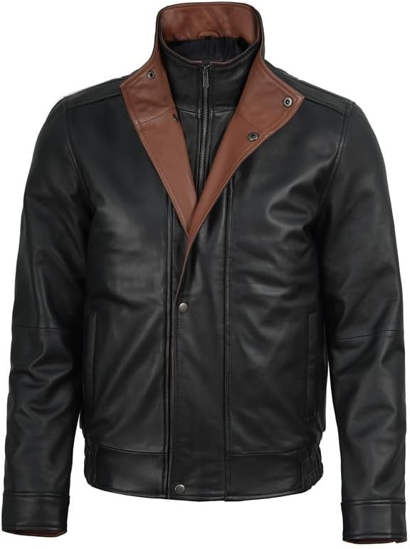 image:imageBlingsoul Leather Jacket for Men Real Lambskin Leather Jacket Mens with Wide Notch Lapel CollarBlack Cognac