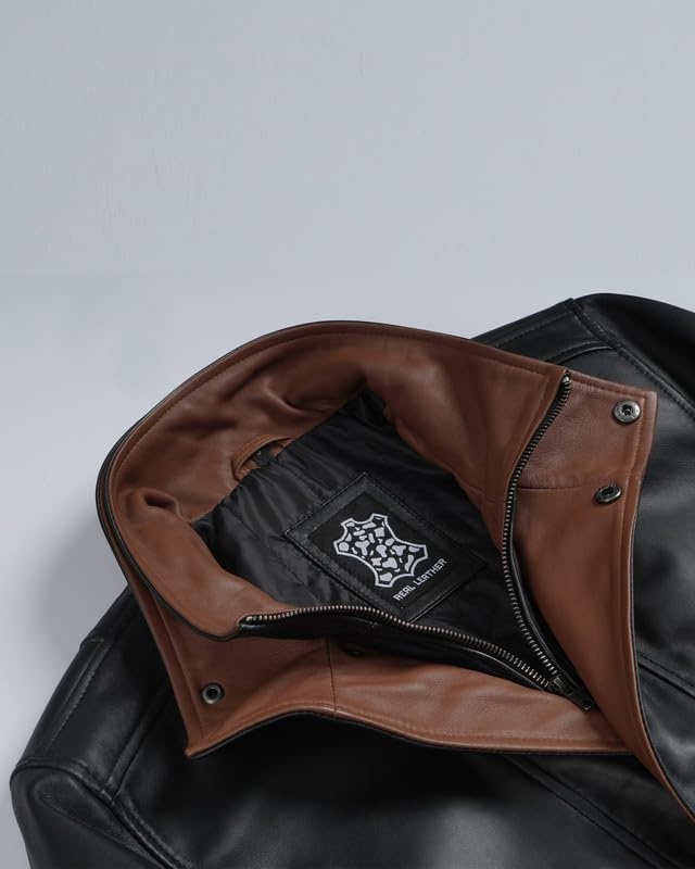 image:imageBlingsoul Leather Jacket for Men Real Lambskin Leather Jacket Mens with Wide Notch Lapel CollarBlack Cognac