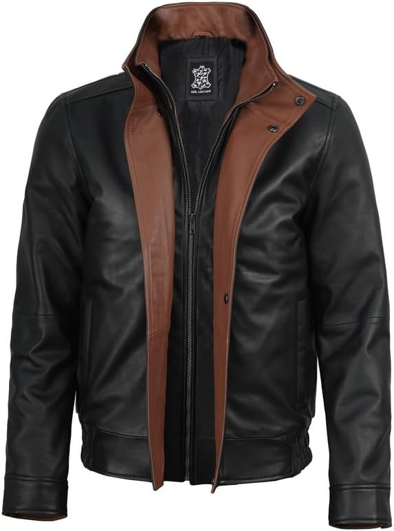 image:imageBlingsoul Leather Jacket for Men Real Lambskin Leather Jacket Mens with Wide Notch Lapel CollarBlack Cognac