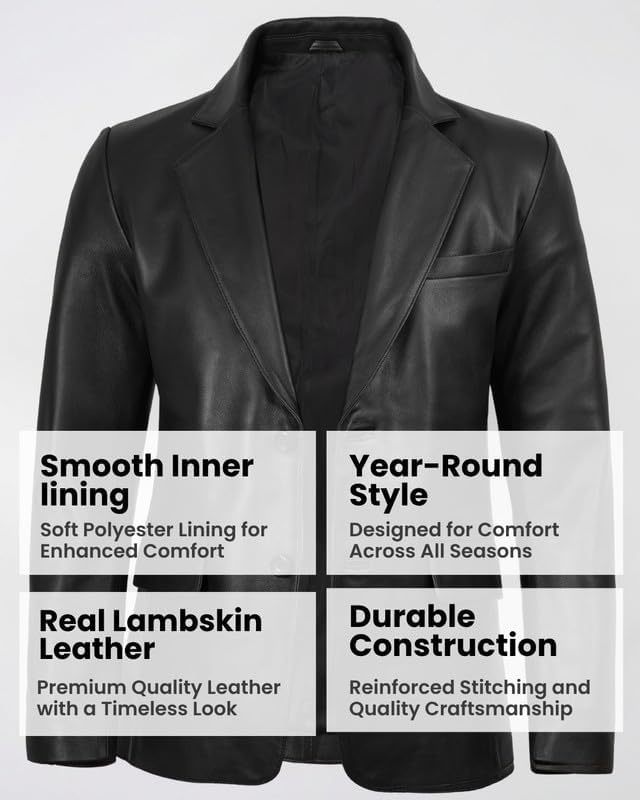 image:imageBlingsoul Mens Leather Blazer Jacket Real Lambskin Sport Coat with Notch Lapel CollarBlack