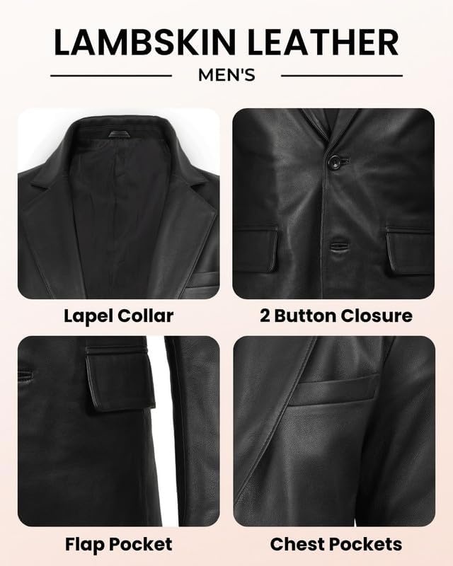 image:imageBlingsoul Mens Leather Blazer Jacket Real Lambskin Sport Coat with Notch Lapel CollarBlack
