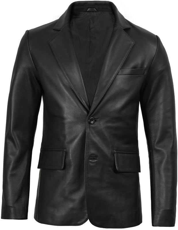 image:imageBlingsoul Mens Leather Blazer Jacket Real Lambskin Sport Coat with Notch Lapel CollarBlack