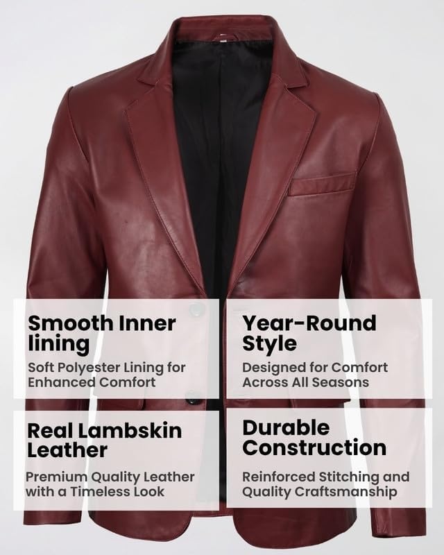 image:imageBlingsoul Mens Leather Blazer Jacket Real Lambskin Sport Coat with Notch Lapel CollarBurgundy Maroon Wax