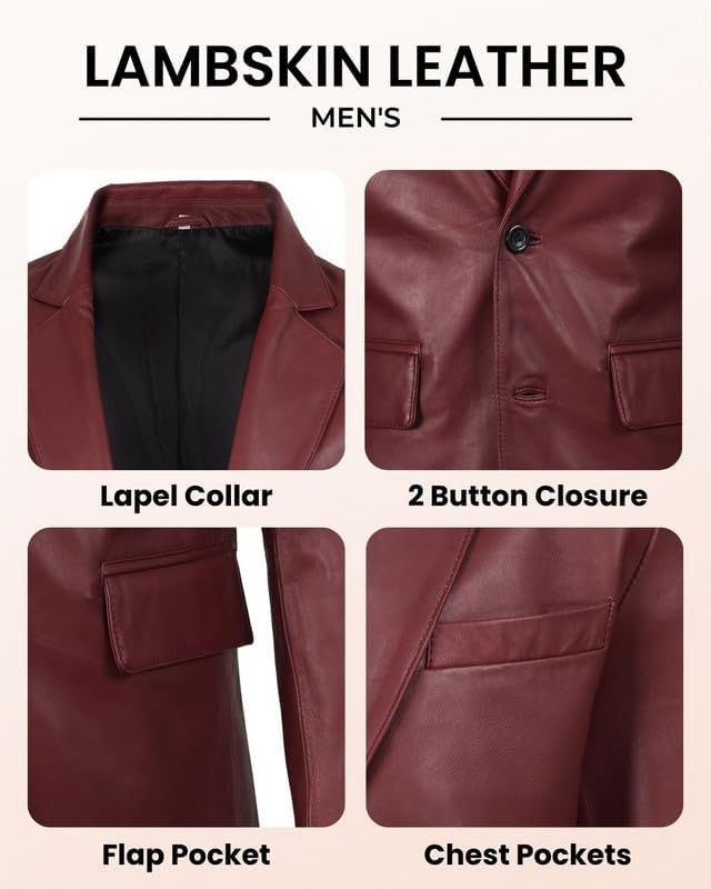 image:imageBlingsoul Mens Leather Blazer Jacket Real Lambskin Sport Coat with Notch Lapel CollarBurgundy Maroon Wax