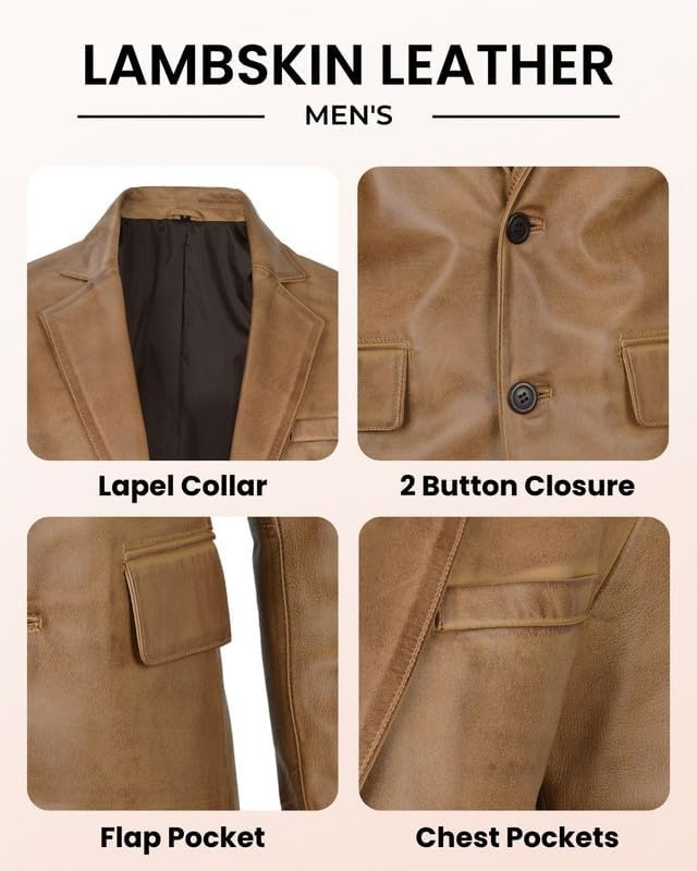 image:imageBlingsoul Mens Leather Blazer Jacket Real Lambskin Sport Coat with Notch Lapel CollarCamel Wax