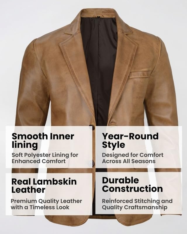 image:imageBlingsoul Mens Leather Blazer Jacket Real Lambskin Sport Coat with Notch Lapel CollarCamel Wax