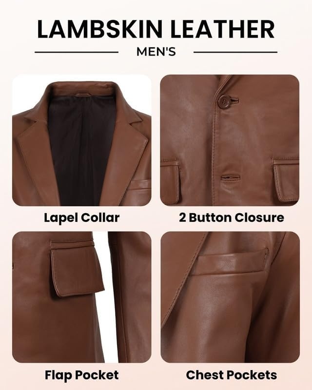 image:imageBlingsoul Mens Leather Blazer Jacket Real Lambskin Sport Coat with Notch Lapel CollarCognac Without Wax