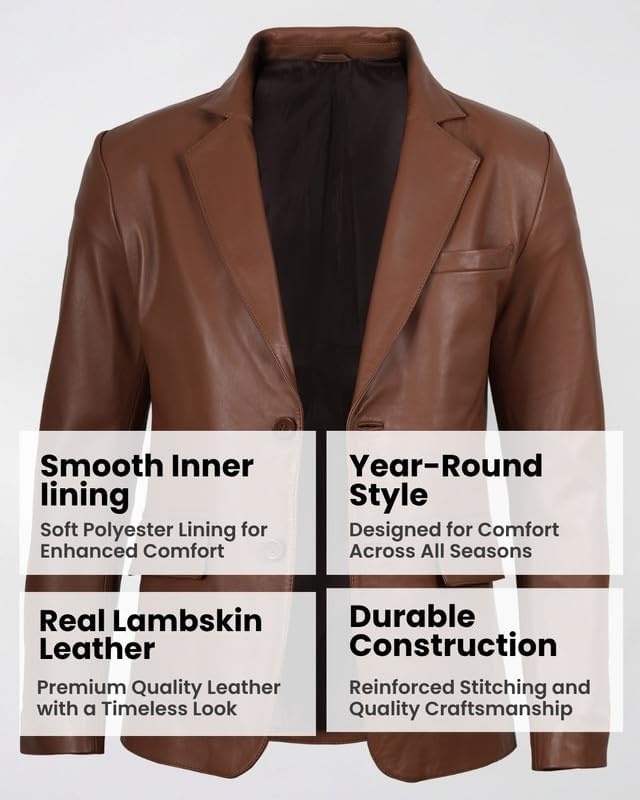 image:imageBlingsoul Mens Leather Blazer Jacket Real Lambskin Sport Coat with Notch Lapel CollarCognac Without Wax