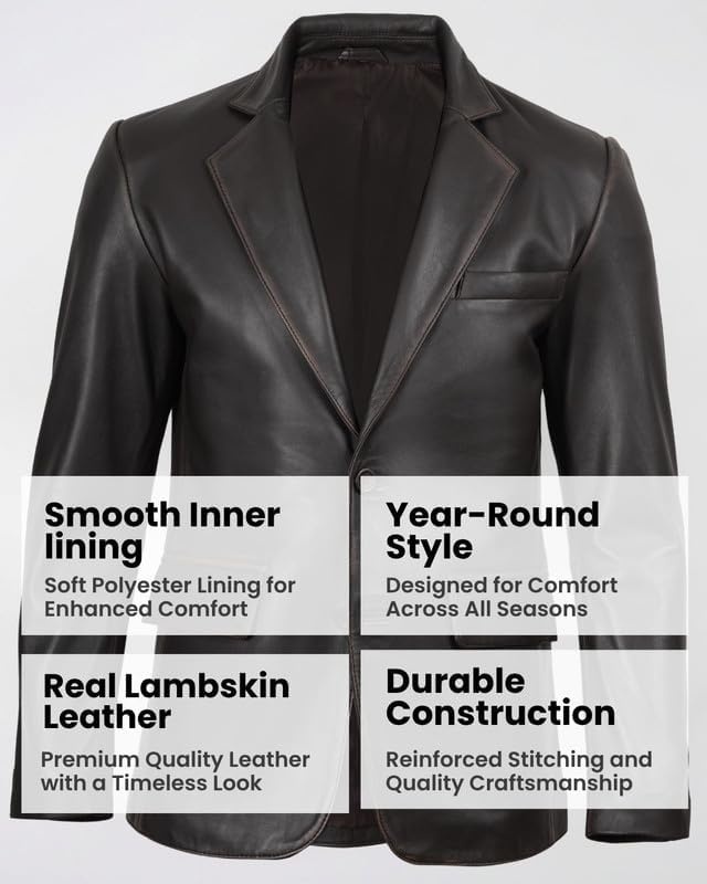 image:imageBlingsoul Mens Leather Blazer Jacket Real Lambskin Sport Coat with Notch Lapel CollarDark Brown Ruboff