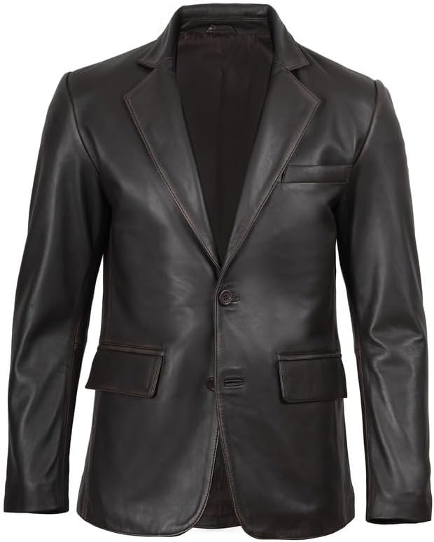 image:imageBlingsoul Mens Leather Blazer Jacket Real Lambskin Sport Coat with Notch Lapel CollarDark Brown Ruboff