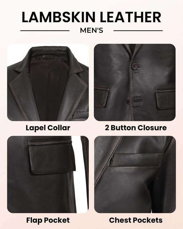 image:imageBlingsoul Mens Leather Blazer Jacket Real Lambskin Sport Coat with Notch Lapel CollarDark Brown Ruboff