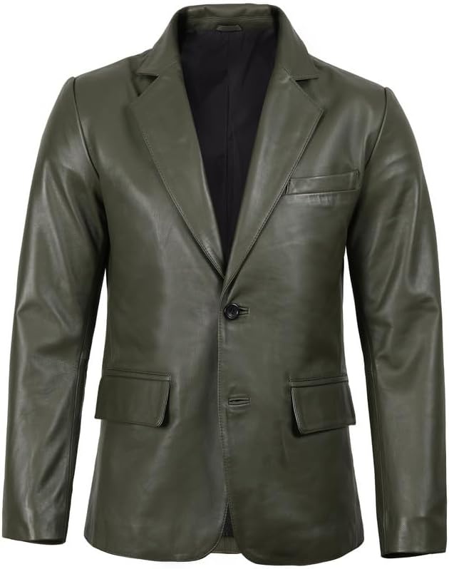 image:imageBlingsoul Mens Leather Blazer Jacket Real Lambskin Sport Coat with Notch Lapel CollarGreen