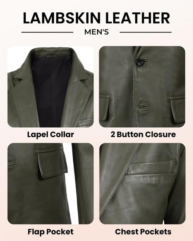 image:imageBlingsoul Mens Leather Blazer Jacket Real Lambskin Sport Coat with Notch Lapel CollarGreen