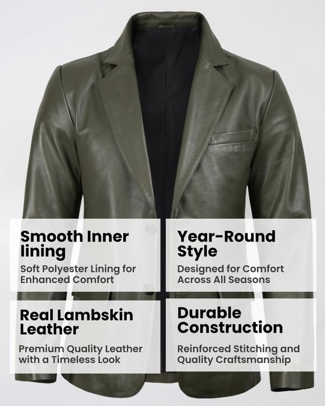 image:imageBlingsoul Mens Leather Blazer Jacket Real Lambskin Sport Coat with Notch Lapel CollarGreen