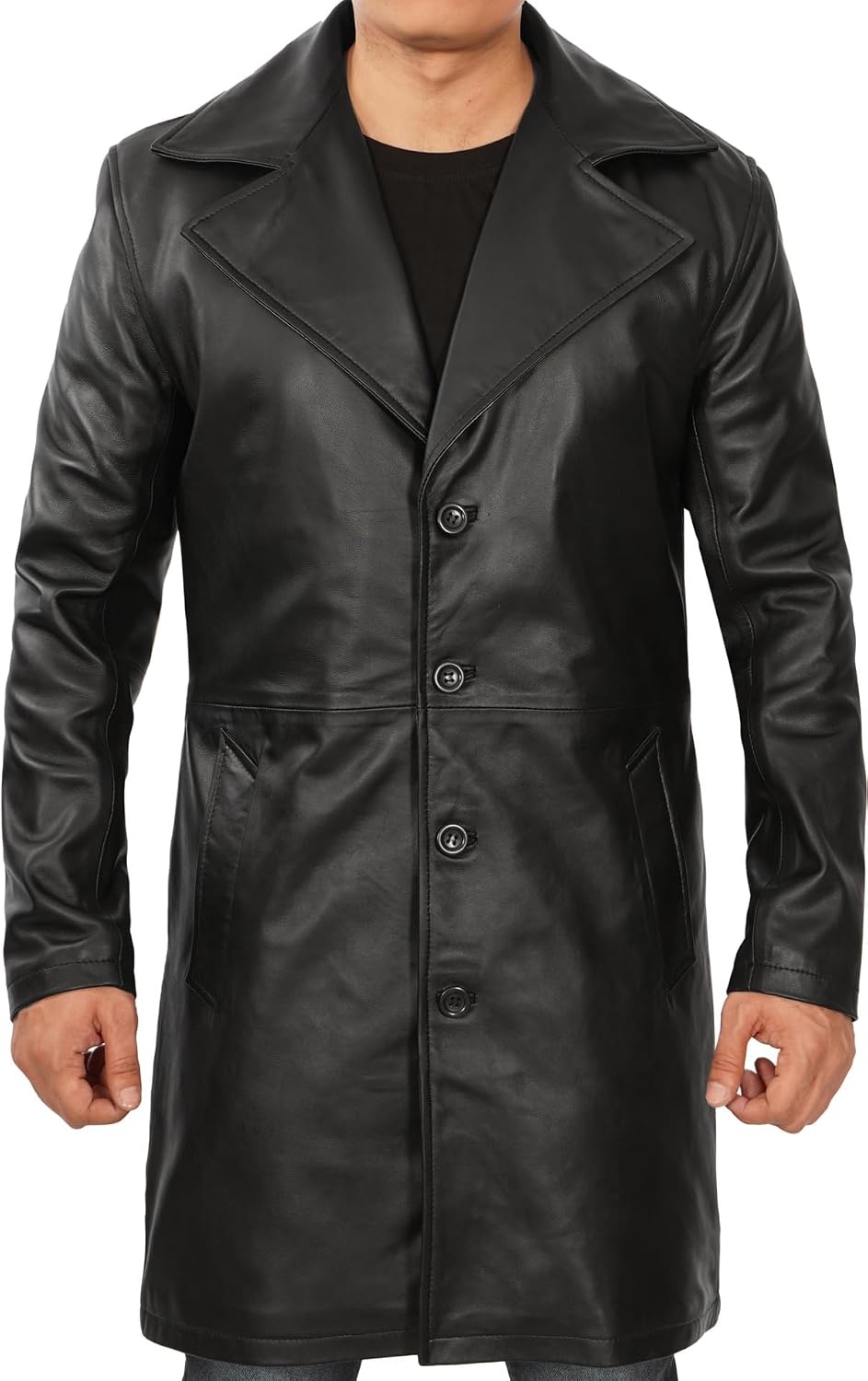 image:imageBlingsoul Mens Leather Car Coat Genuine Lambskin Long Leather Jacket for Men Real Leather Coat with Lapel CollarBlack
