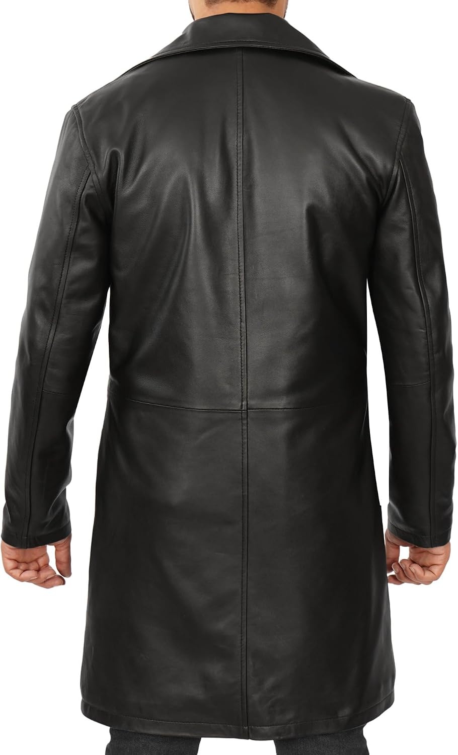 image:imageBlingsoul Mens Leather Car Coat Genuine Lambskin Long Leather Jacket for Men Real Leather Coat with Lapel CollarBlack