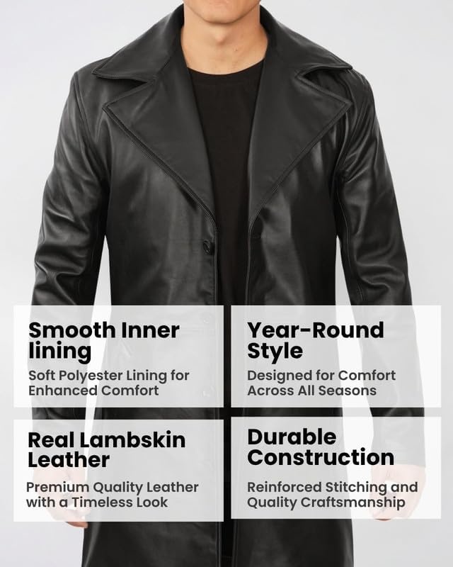 image:imageBlingsoul Mens Leather Car Coat Genuine Lambskin Long Leather Jacket for Men Real Leather Coat with Lapel CollarBlack