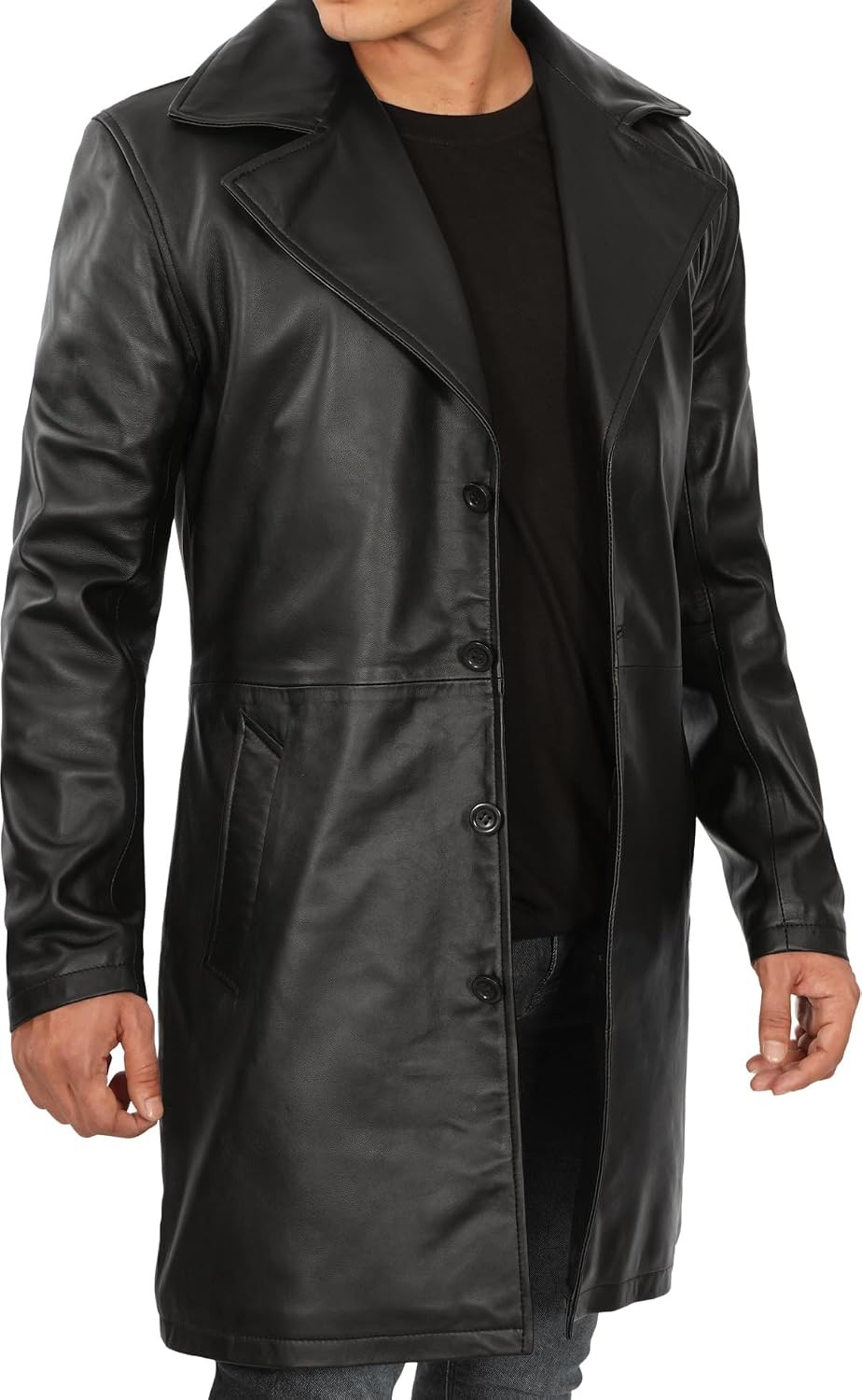 image:imageBlingsoul Mens Leather Car Coat Genuine Lambskin Long Leather Jacket for Men Real Leather Coat with Lapel CollarBlack