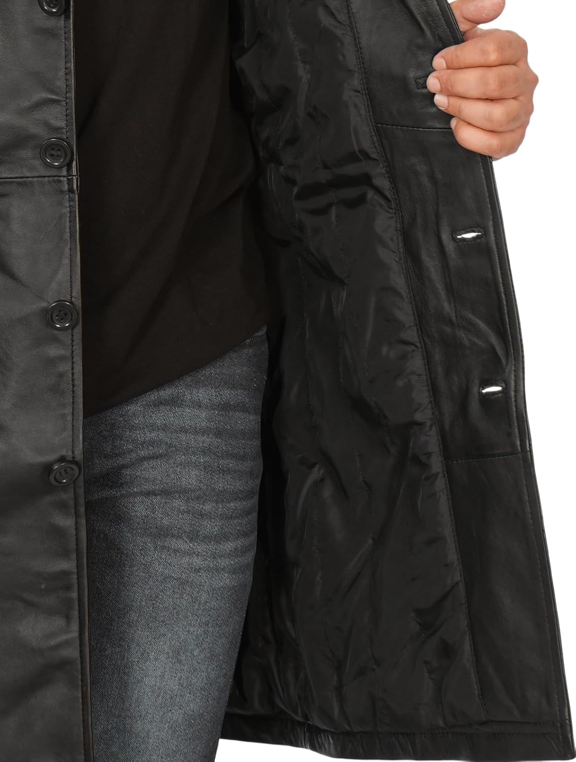 image:imageBlingsoul Mens Leather Car Coat Genuine Lambskin Long Leather Jacket for Men Real Leather Coat with Lapel CollarBlack