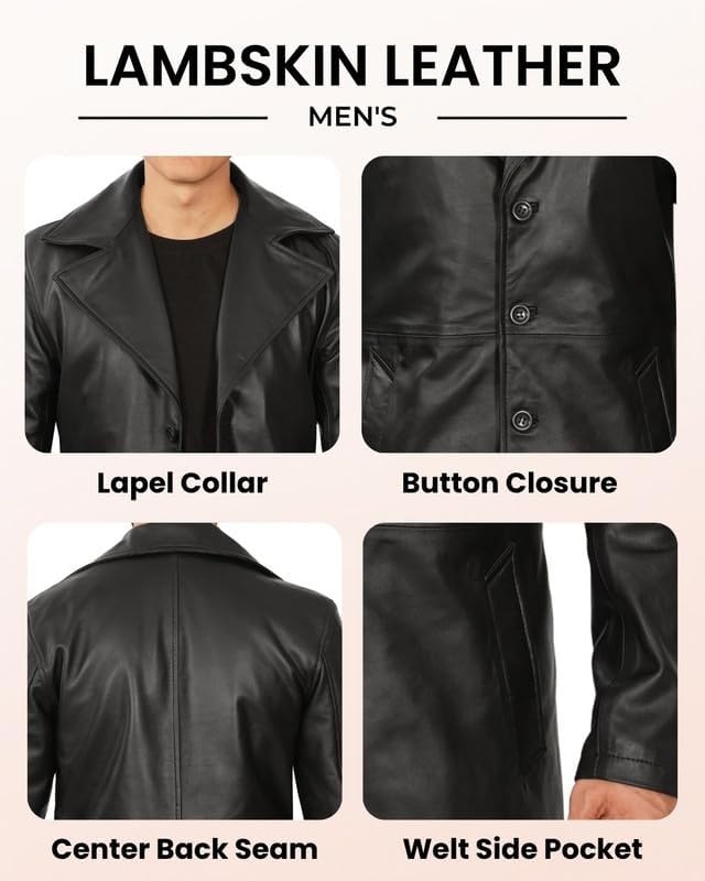 image:imageBlingsoul Mens Leather Car Coat Genuine Lambskin Long Leather Jacket for Men Real Leather Coat with Lapel CollarBlack