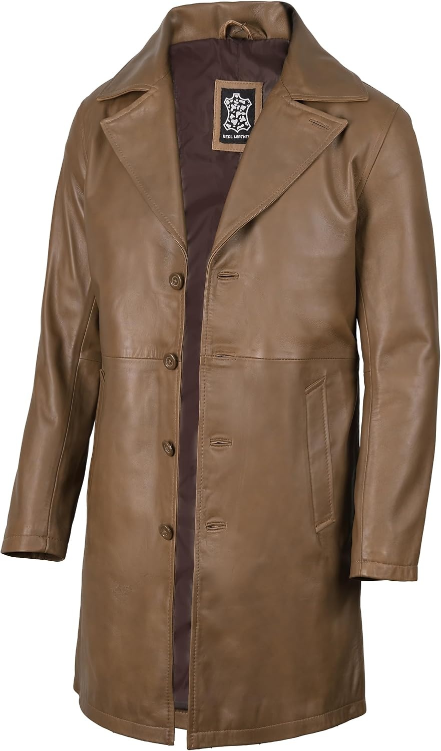 image:imageBlingsoul Mens Leather Car Coat Genuine Lambskin Long Leather Jacket for Men Real Leather Coat with Lapel CollarBrown